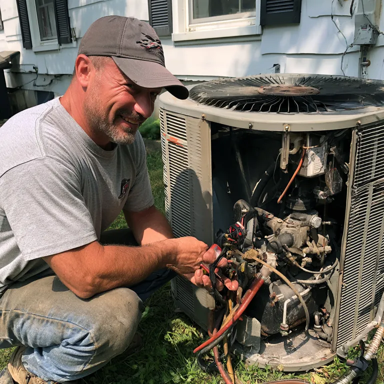 Smiling HVAC technician kneeling beside an open outdoor air-conditioning unit during a repair