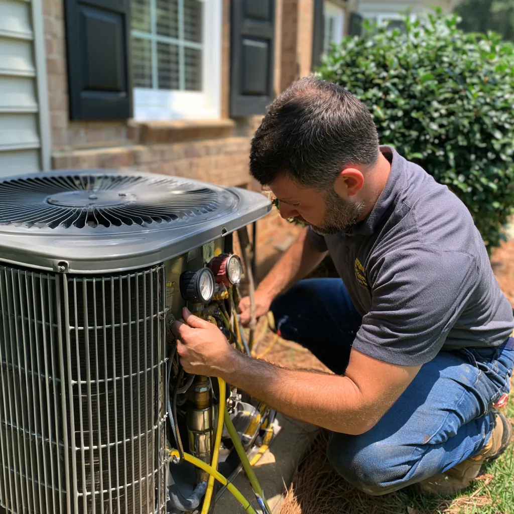 HVAC technician connecting a refrigerant gauge set to an outdoor air-conditioning unit beside a brick home