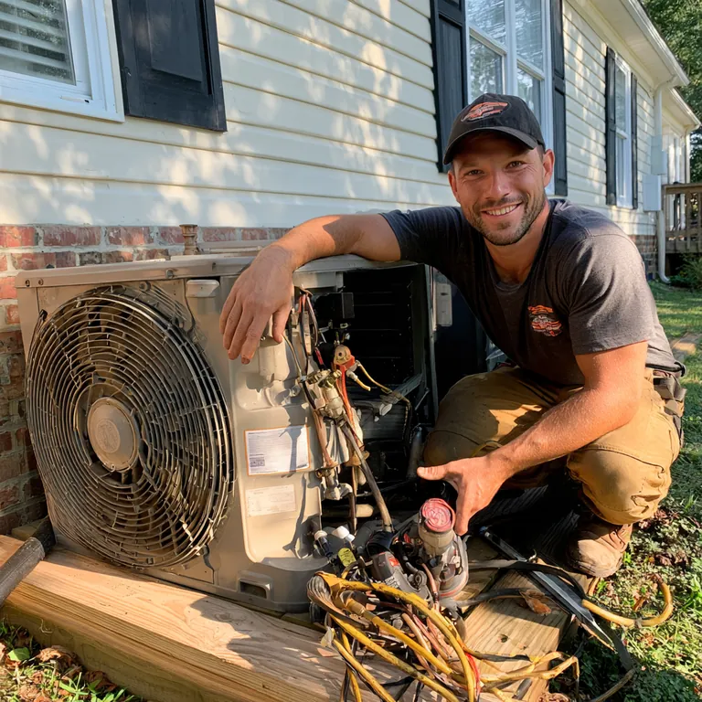 Smiling technician kneeling beside an opened outdoor HVAC unit with a large condenser fan