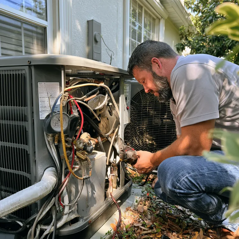Technician testing components inside an open outdoor HVAC unit with a pressure gauge attached