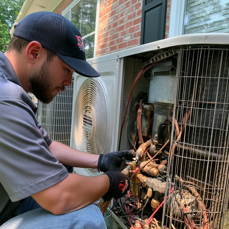 Technician in work gloves servicing the copper piping inside an outdoor HVAC unit