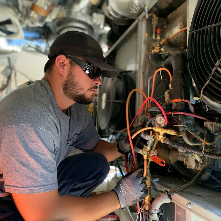 HVAC technician in safety glasses attaching gauge hoses to refrigerant lines inside an HVAC unit