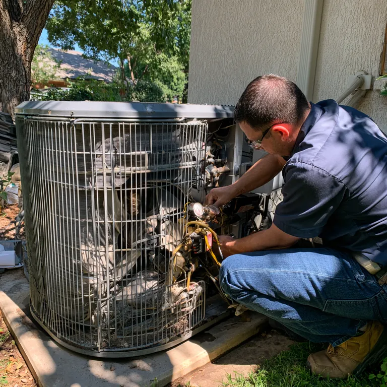 Technician in glasses checking system pressures on an outdoor air-conditioning unit