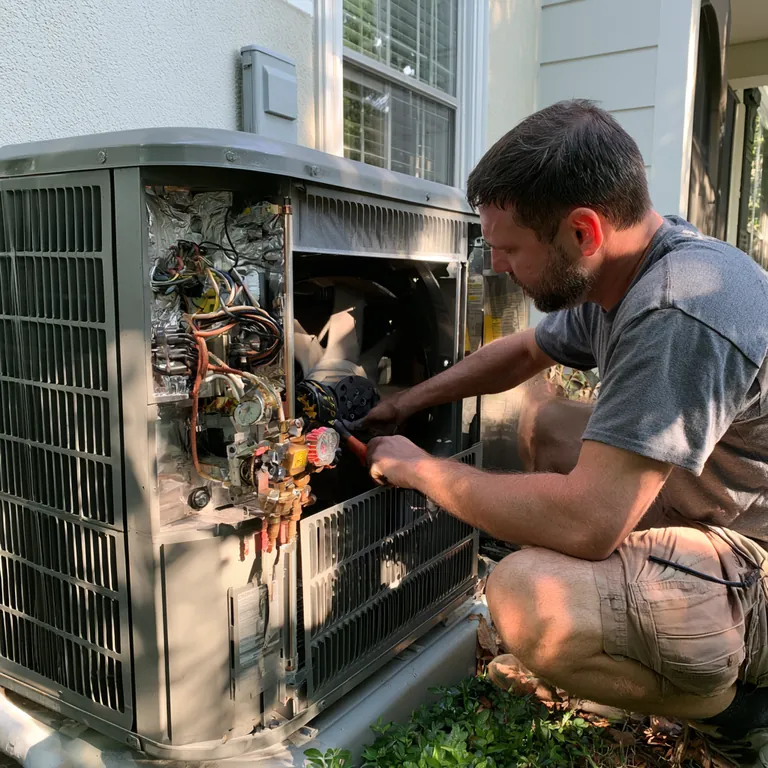 Technician checking the control wiring inside an open outdoor HVAC unit